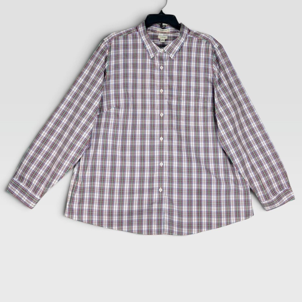 LL Bean Button Down Shirt Wrinkle Free Women 2X Plaid Cotton Long Sleeve XLNT